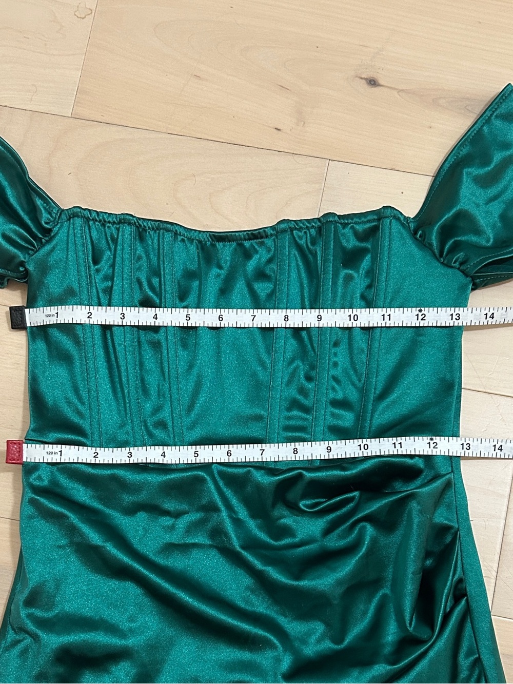 Emerald Off Shoulder Ruched Asymmetrical Hem Mini Dress M Corset Inspired Bodice - Picture 8 of 15